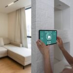 Controlling home with a digital touch screen panel installed on the wall in the living room. Concept of a smart home and mobile application for managing smart devices at home